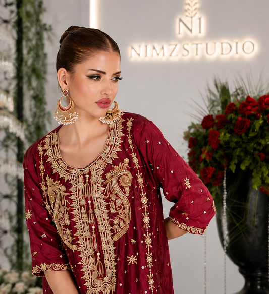 Sehrish Nadeem Pure Tassel Silk 3 Piece Party Wear Dress in RED Color with Hand Embellished Stones ROZE neckline heavy