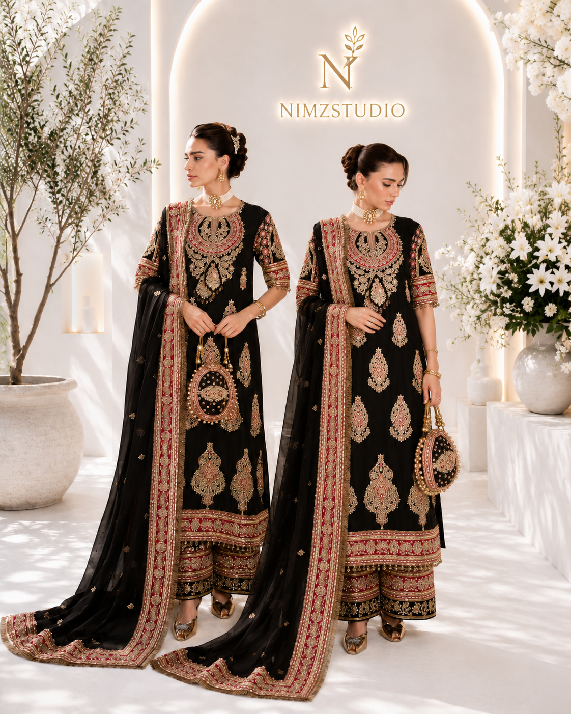 Lunara by Sara ZARA Black Pakistani designer partywear dress with luxury gold and pink embroidery, matching dupatta and formal wedding wear by Nimzcollection