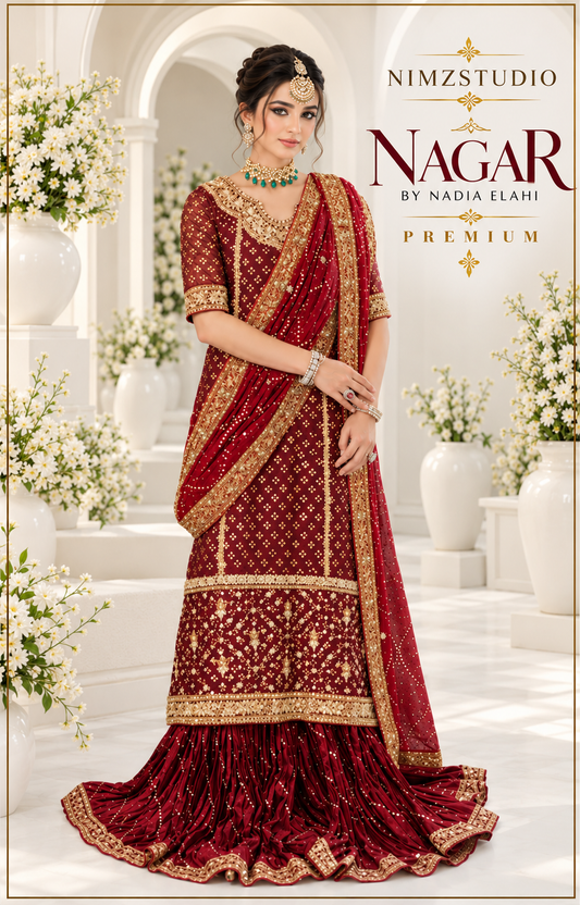 Nagar by Nadia Elahi emerald green pure organza Pakistani wedding dress with crushed trouser and maroon chiffon dupatta