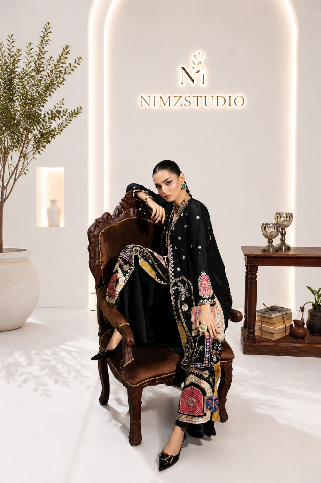 Luxury Saira Noor inspired black Pakistani embroidered 3-piece formal dress with premium floral embroidery and festive styling | Nimzcollection
