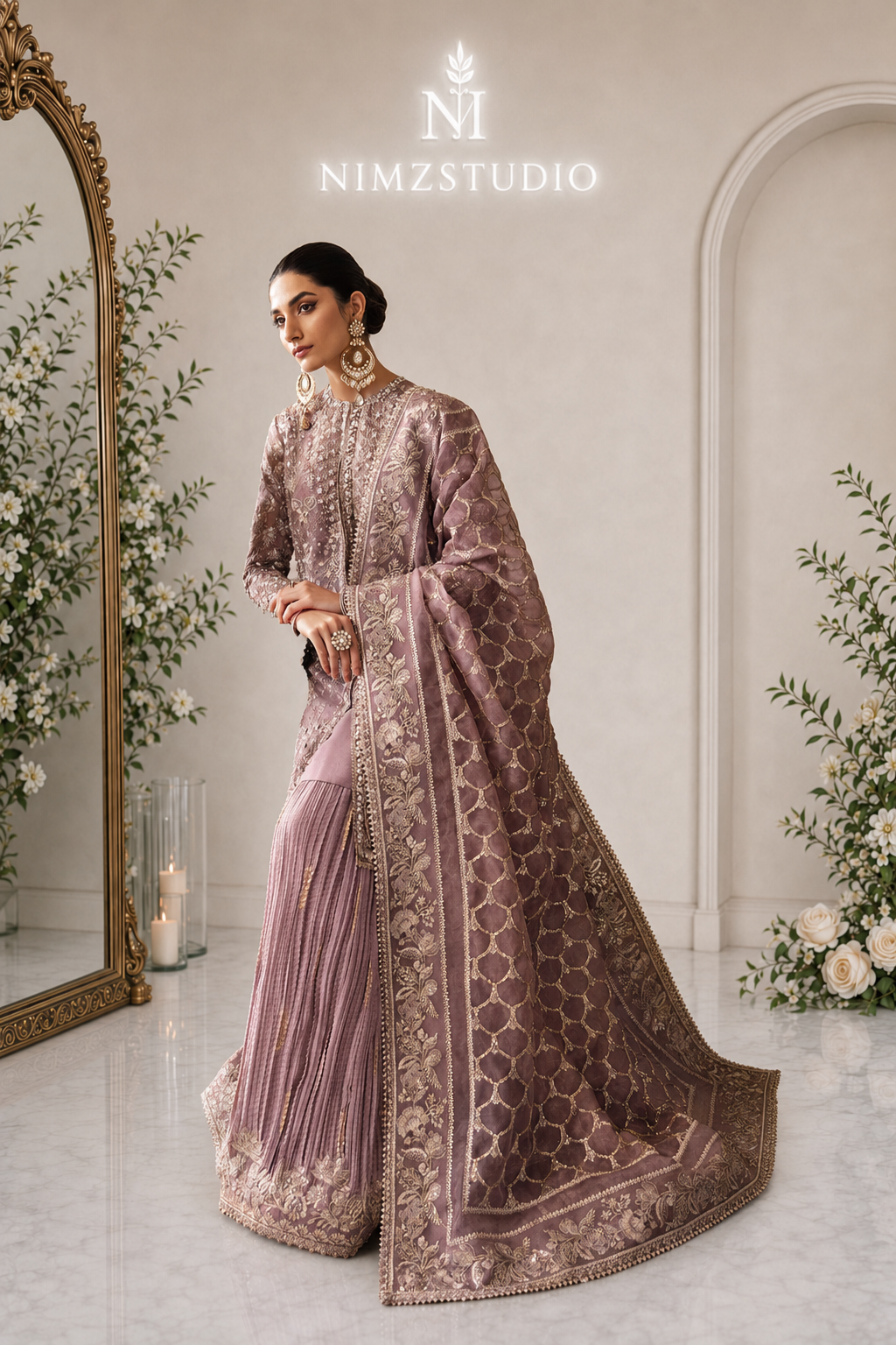Sehar by Soraya dusty mauve Pakistani wedding wear featuring a hand-embellished organza shirt, crushed sharara and embroidered drape dupatta.