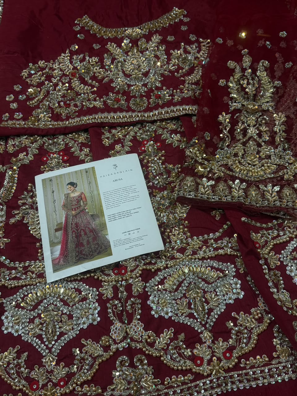 Handmade four side embellished bridal dupatta of Faiza Saqlain Arusa featuring crystal pearls and kora dabka work.