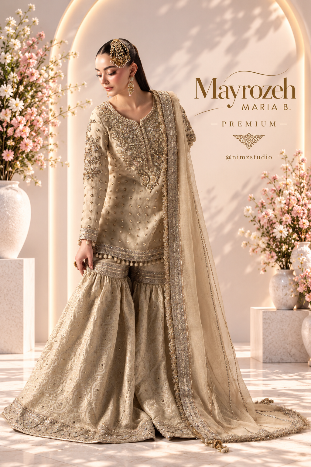 Mayrozeh Maria B ivory gold Pakistani wedding suit with Jamawar sharara and Zari Net dupatta