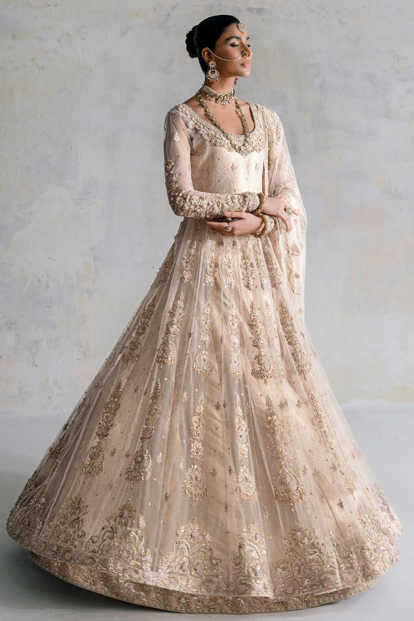 Golden Sunset – Ivory Gold Bridal Peshwas Lehenga Maxi
