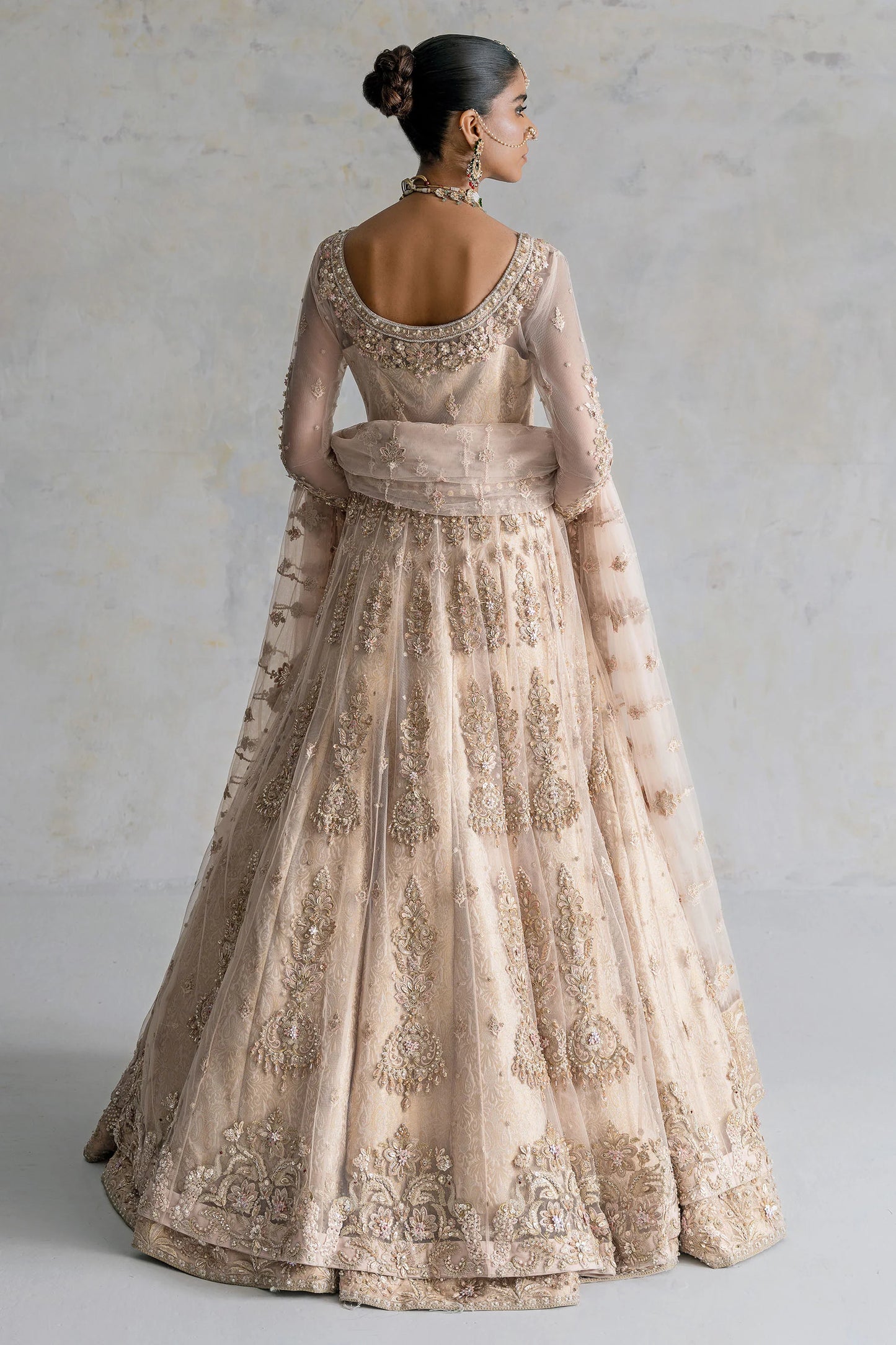 Golden Sunset – Ivory Gold Bridal Peshwas Lehenga Maxi