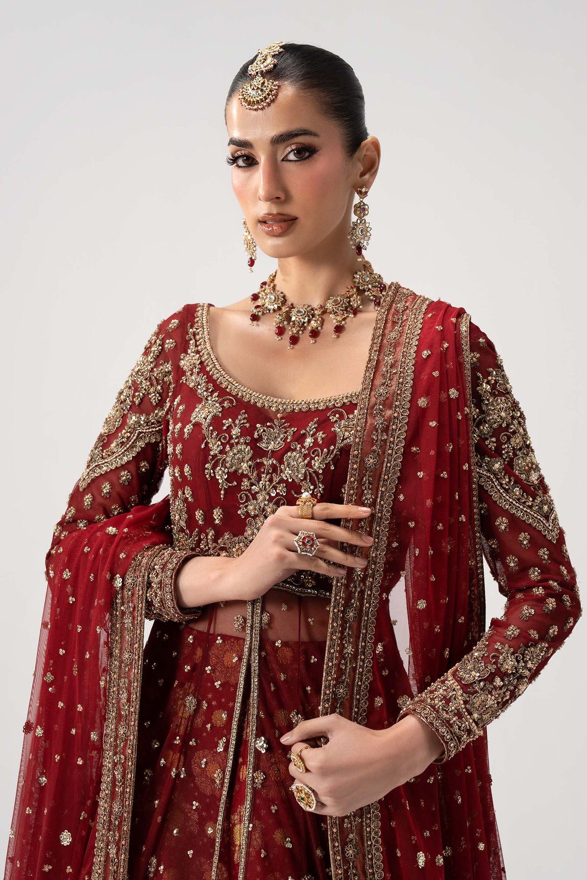 Maria B Retro Shadmani Bazif luxury Pakistani bridal outfit with embellished neckline, detailed sleeves and elegant net dupatta