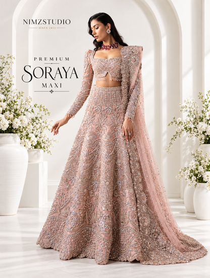 Soraya Catherine luxury pink net lehenga maxi with hand embellishments for Pakistani wedding and bridal wear