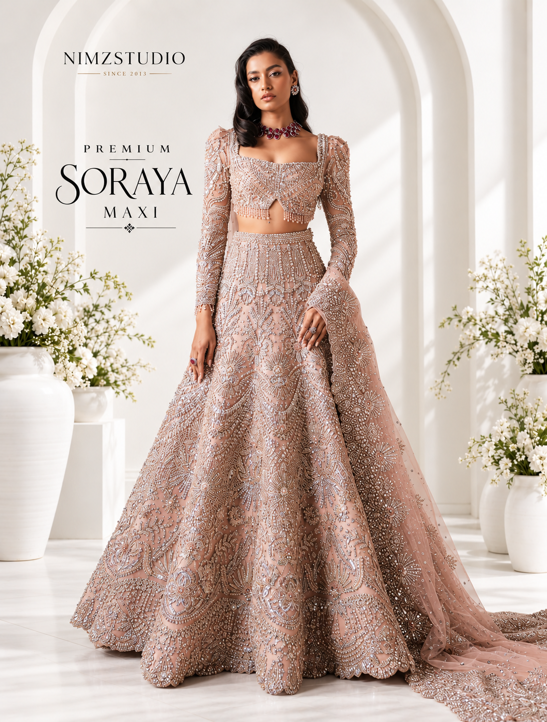 Catherine by Soraya soft pink 16-panel Pakistani bridal maxi with crystal, kora dabka, katdana and mukesh handwork