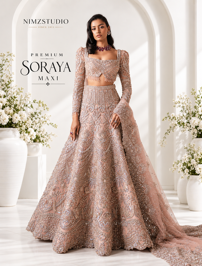 Catherine by Soraya soft pink 16-panel Pakistani bridal maxi with crystal, kora dabka, katdana and mukesh handwork