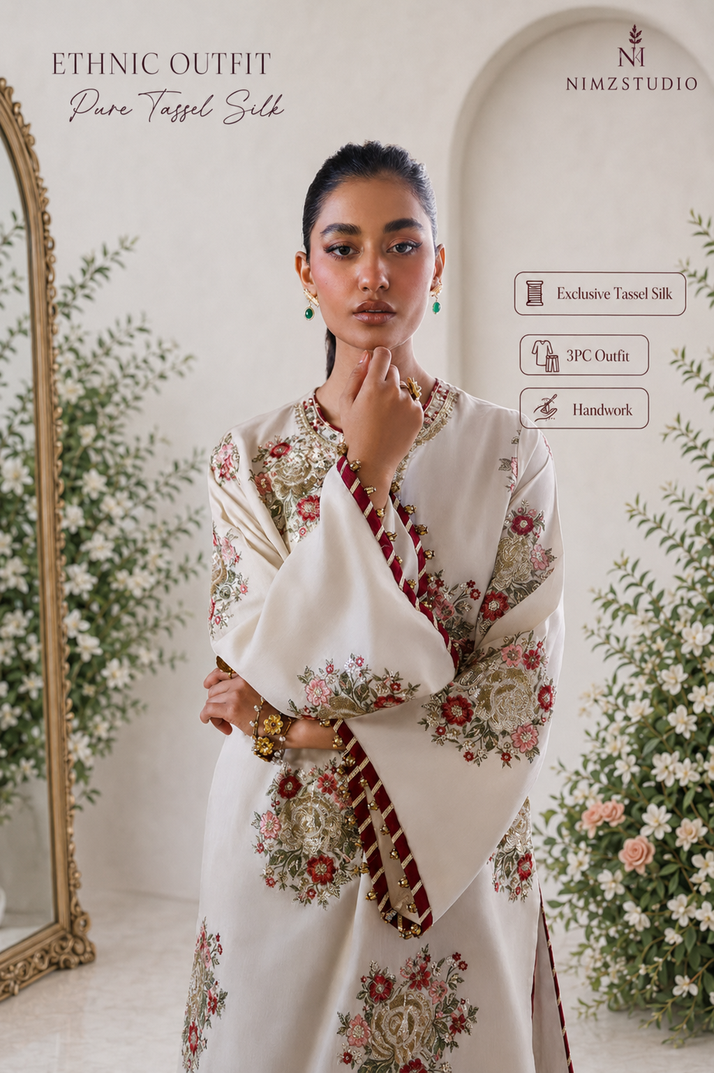 Close-up of Ethnic white tassel silk shirt featuring intricate floral embroidery, handwork and tassel sleeve detailing