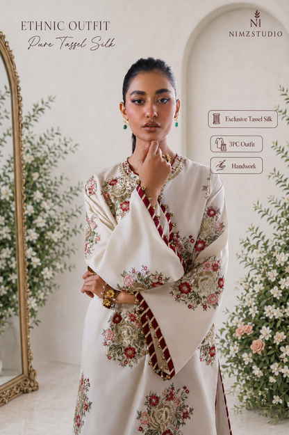 Close-up of Ethnic white tassel silk shirt featuring intricate floral embroidery, handwork and tassel sleeve detailing