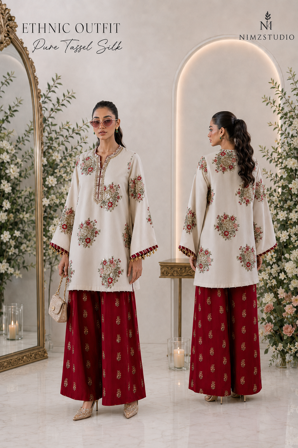 Ivory and maroon Ethnic-inspired Pakistani 3-piece outfit featuring a pure tassel silk shirt, handmade stonework patches, wide-leg trousers and a complimentary dupatta.
