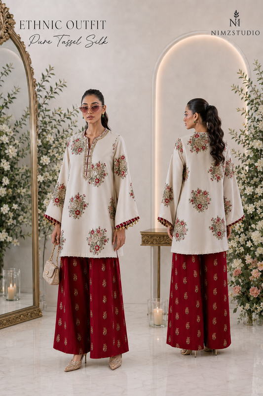 Ivory and maroon Ethnic-inspired Pakistani 3-piece outfit featuring a pure tassel silk shirt, handmade stonework patches, wide-leg trousers and a complimentary dupatta.