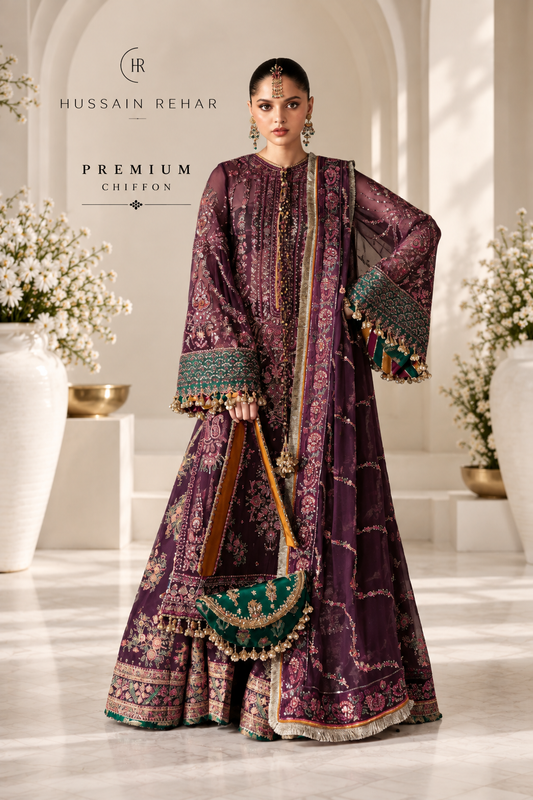 Ghazal by Hussain Rehar pure chiffon Pakistani wedding partywear dress front view