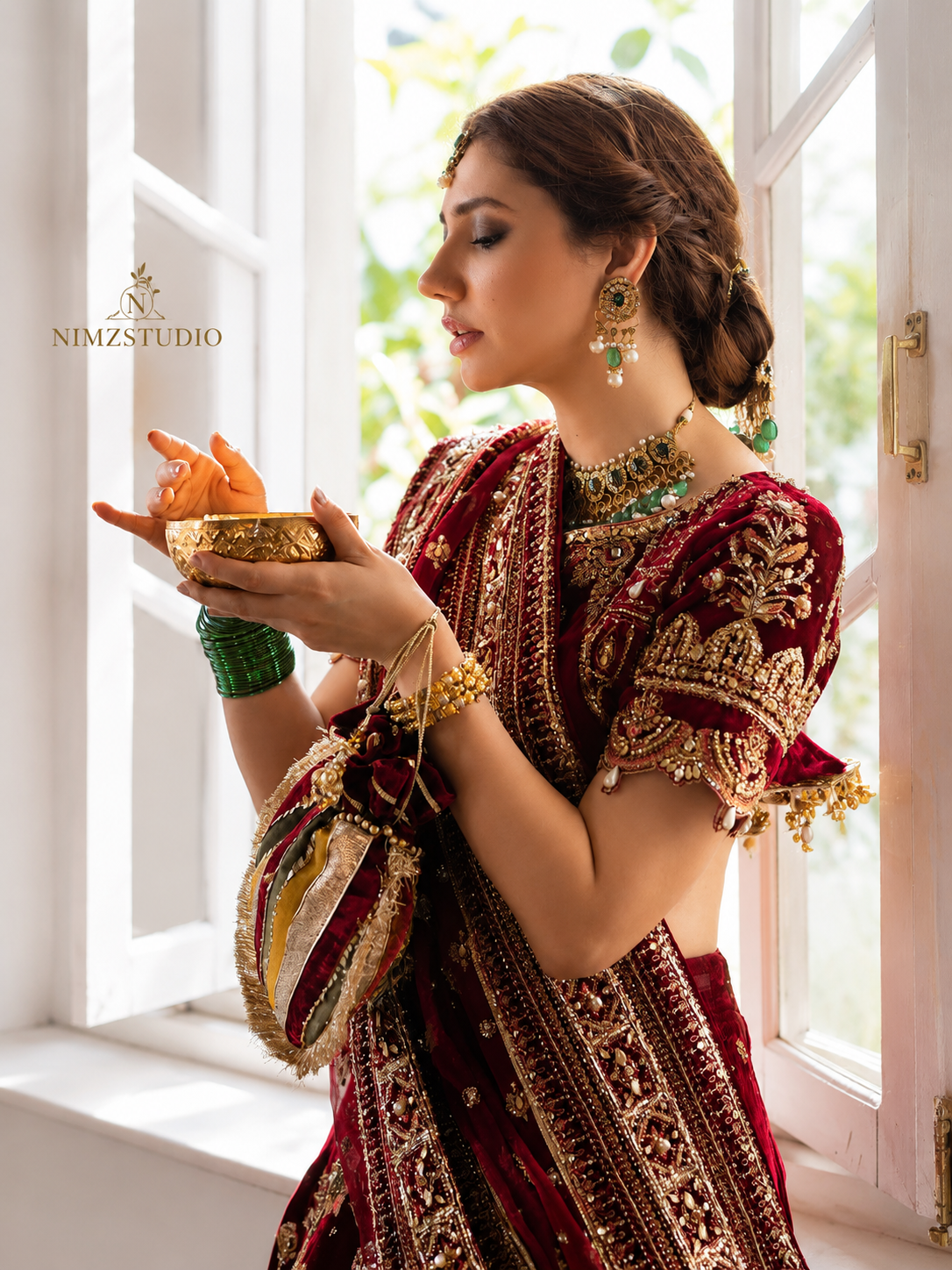Hussain Rehar RAAQS inspired maroon bridal maxi close up with luxury hand embroidery Pakistani wedding dress