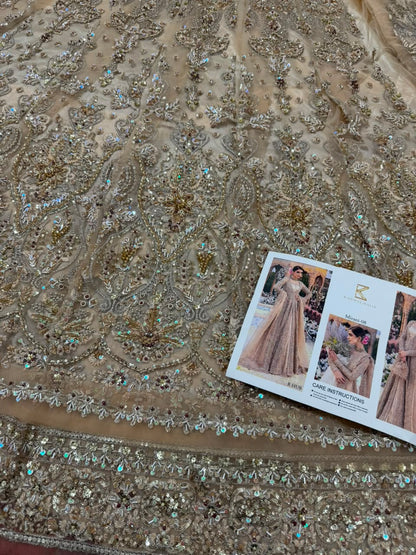 Close up of Mirani Kanwal Malik handmade kora dabka net maxi embroidery