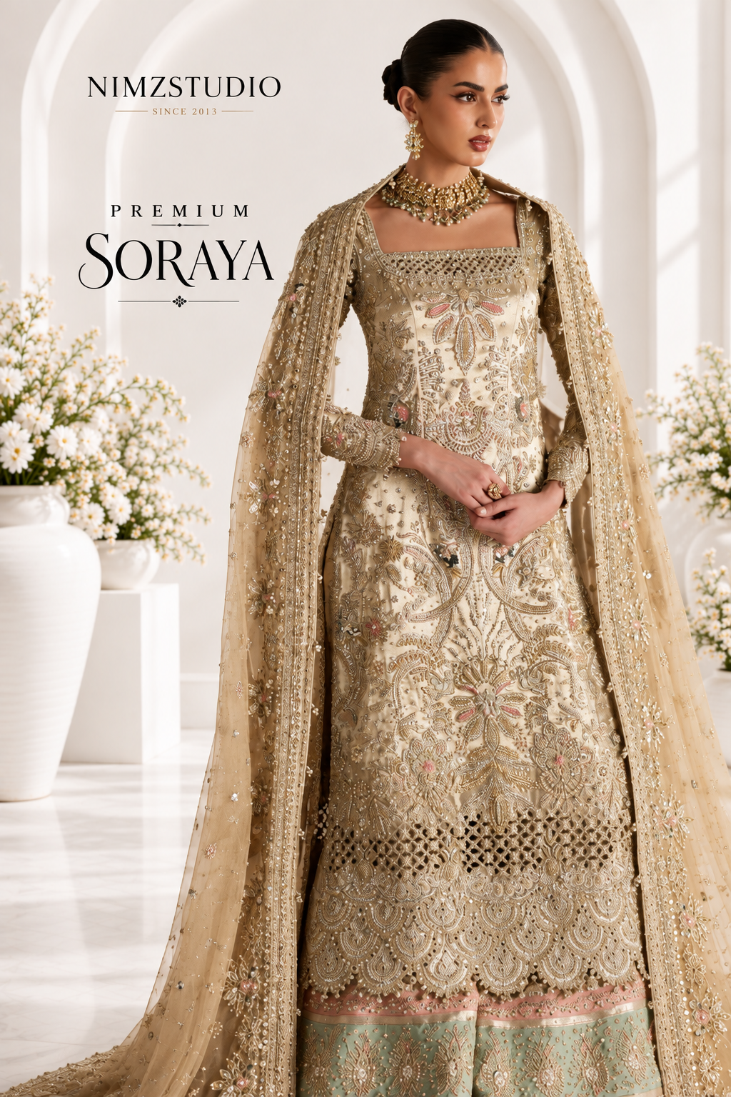 Khusht Pakistani formal wear featuring handcrafted embellishments Gota Patti and elegant sharara