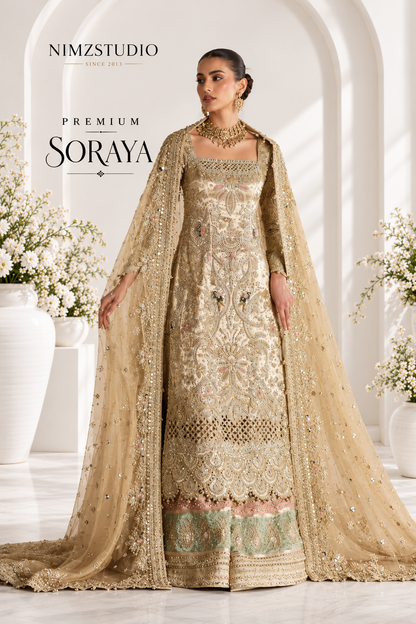 Khusht luxury Pakistani Nikah dress with flared sharara and traditional Gota Patti detailing