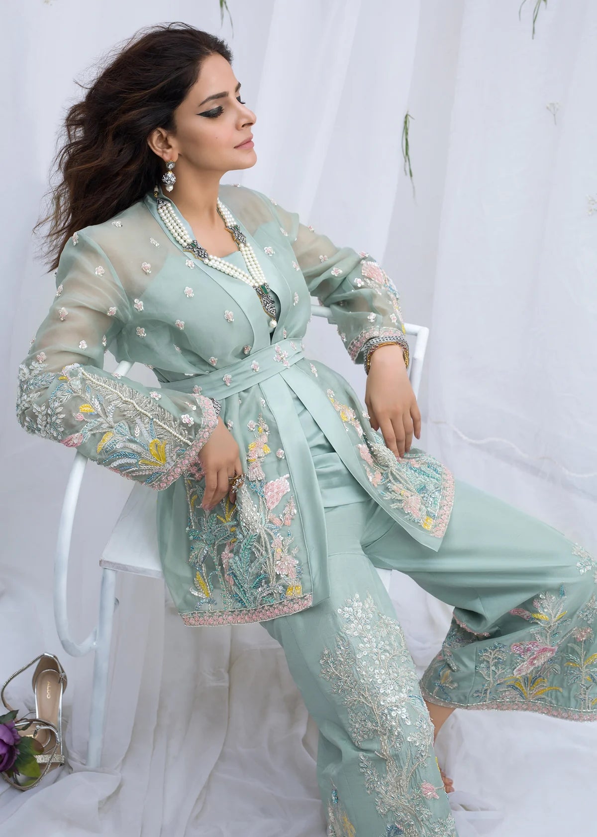 Elegant mint green Pakistani designer organza 3PC suit with embroidered sleeves and floral detailing, luxury party wear and wedding guest outfit.