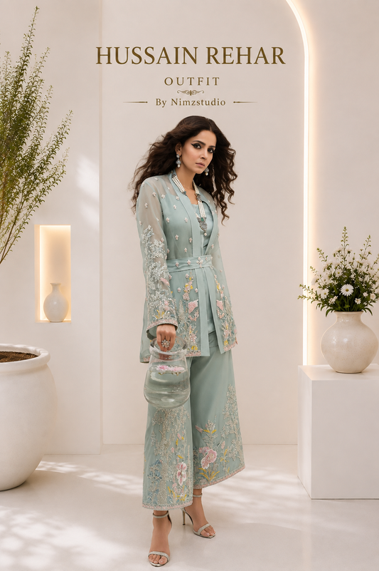 Hussain rehar partywear light blue-green embroidered traditional outfit with 