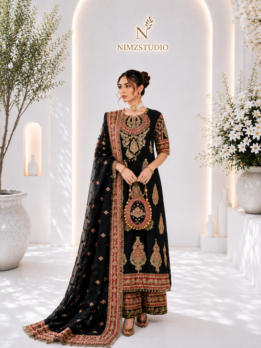 Black Pakistani wedding partywear dress with detailed embroidery and matching dupatta, luxury formal outfit at Nimzcollection