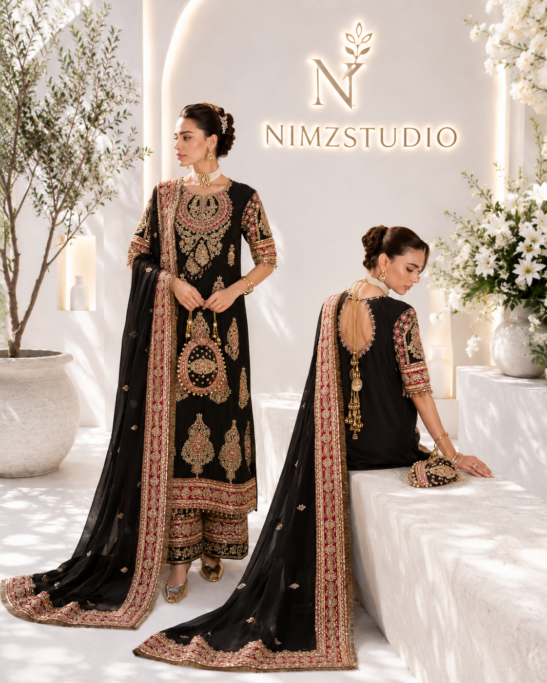 Pakistani designer black partywear dress with luxury embroidery and dupatta, wedding and formal wear by Nimzcollection