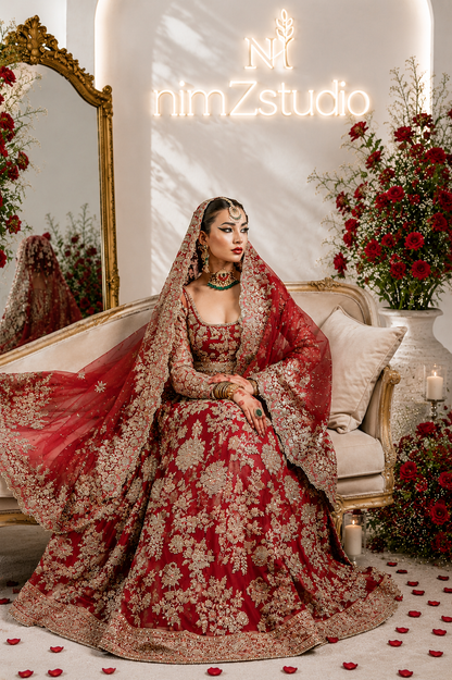 Luxury Pakistani bridal maxi inspired by Hussain Rehar RAAQS with premium maroon embroidery and organza dupatta