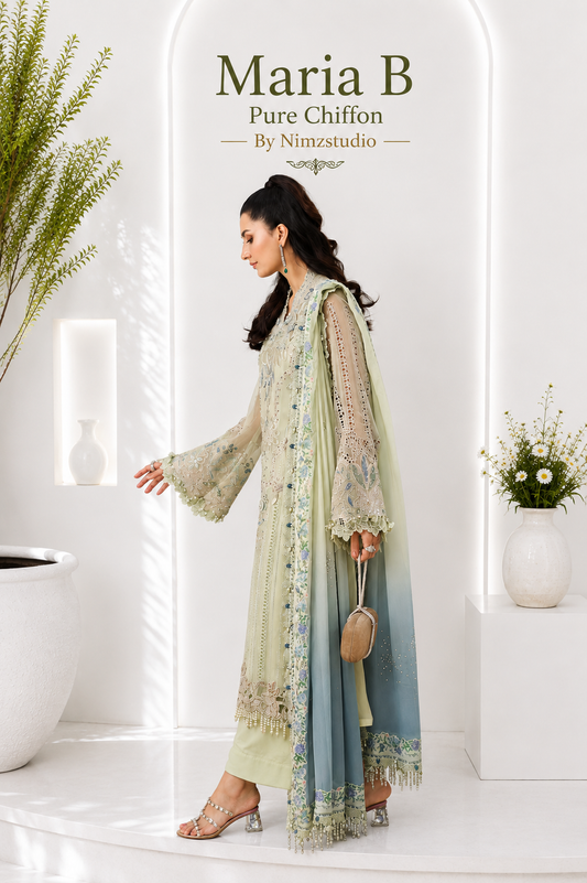 Maria B Apple green embroidered chiffon suit with 3D flowers and diamante handwork