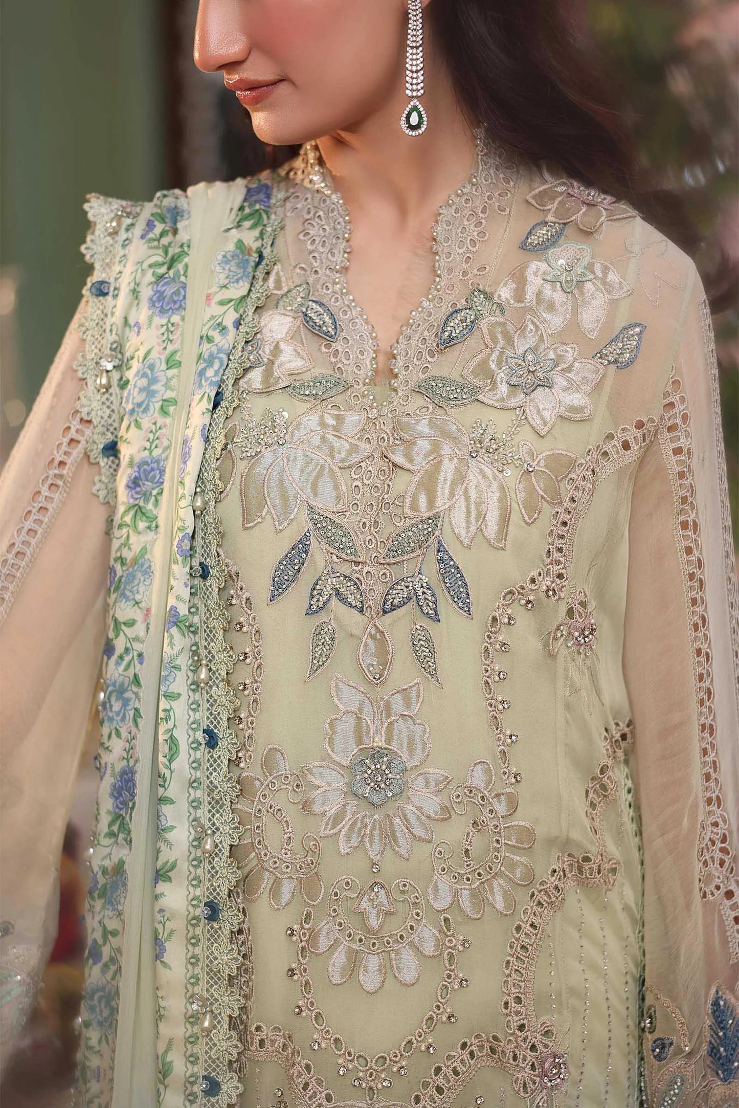 Maria B Apple green Pakistani chiffon dress with 3D flower embroidery and hand embellishment