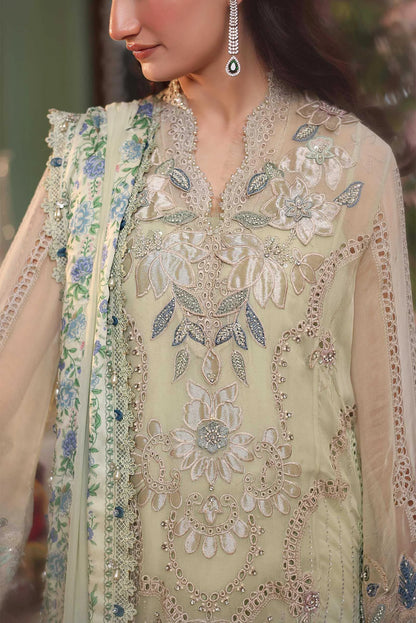 Maria B Apple green Pakistani chiffon dress with 3D flower embroidery and hand embellishment