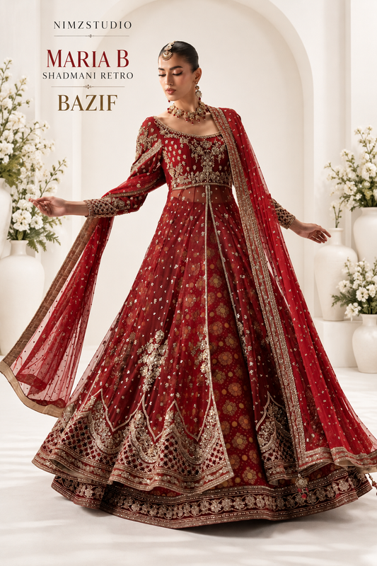 Maria B Shadmani Retro Bazif deep red bridal Pishwas with antique gold Kora Dabka handwork, flared panels and embroidered net dupatta