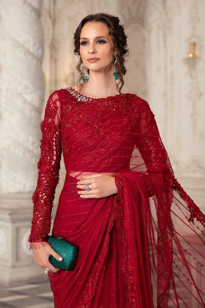 Maria B red saree luxury Pakistani party wear dress with 3D floral embroidery