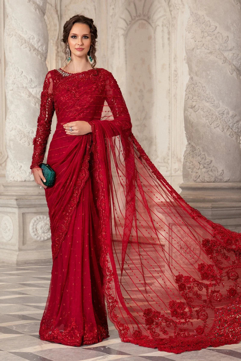 Maria B red chiffon saree Pakistani designer wedding dress with hand embellishment