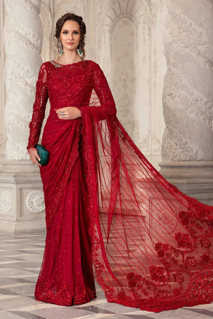 Maria B red chiffon saree Pakistani designer wedding dress with hand embellishment