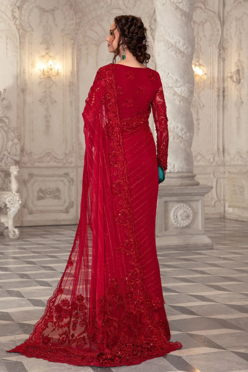 Maria B red chiffon saree handwork detail with pearls sequins and floral appliques