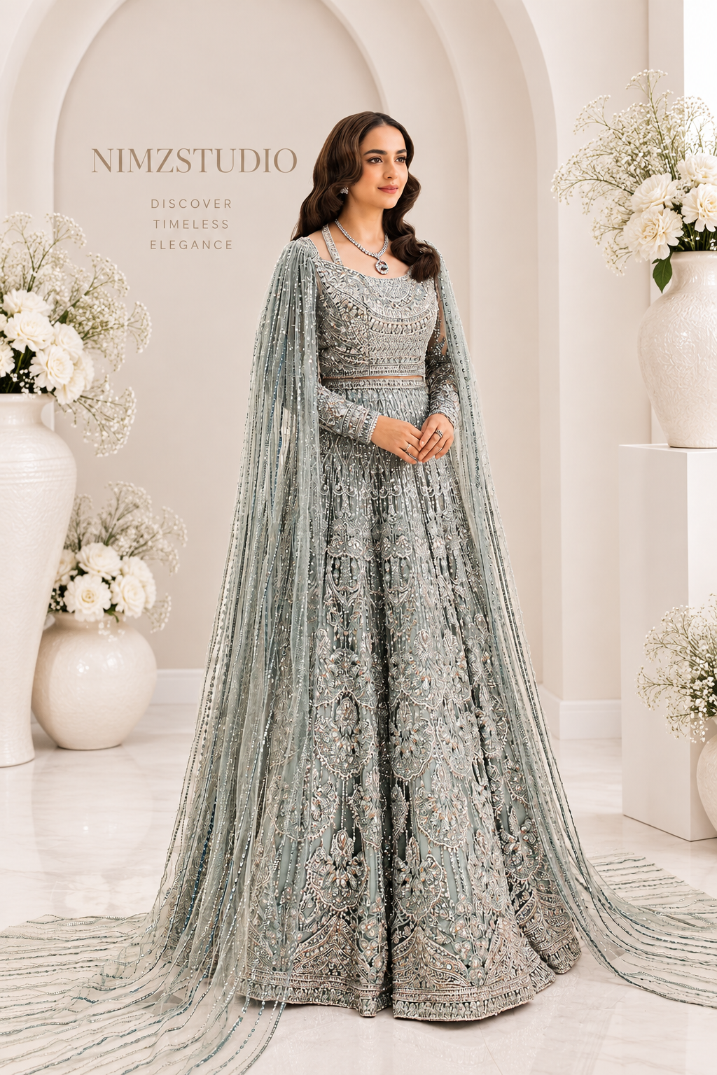 Minty Breeze Pakistani formal maxi with intricate adda work by Erum Khan