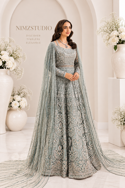 Minty Breeze Pakistani formal maxi with intricate adda work by Erum Khan