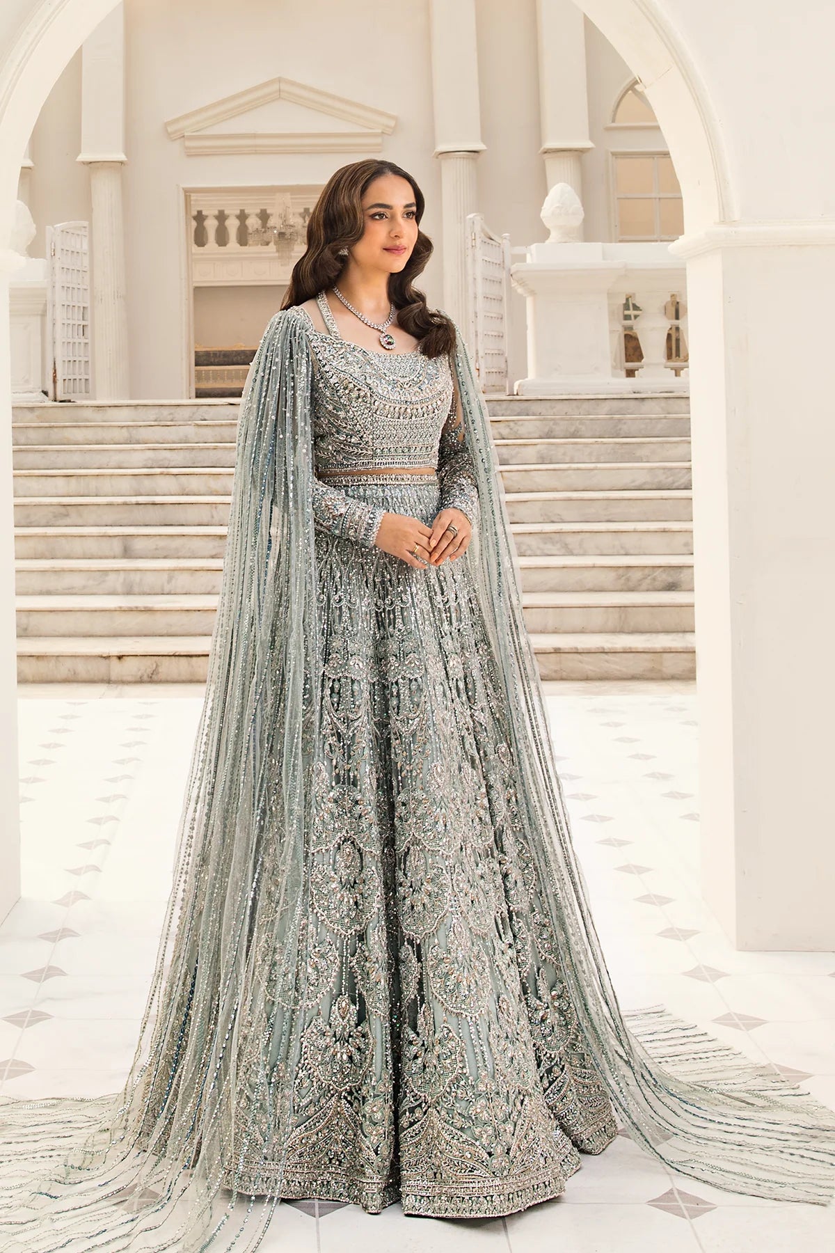 Minty Breeze Pakistani formal maxi with intricate adda work by Erum Khan