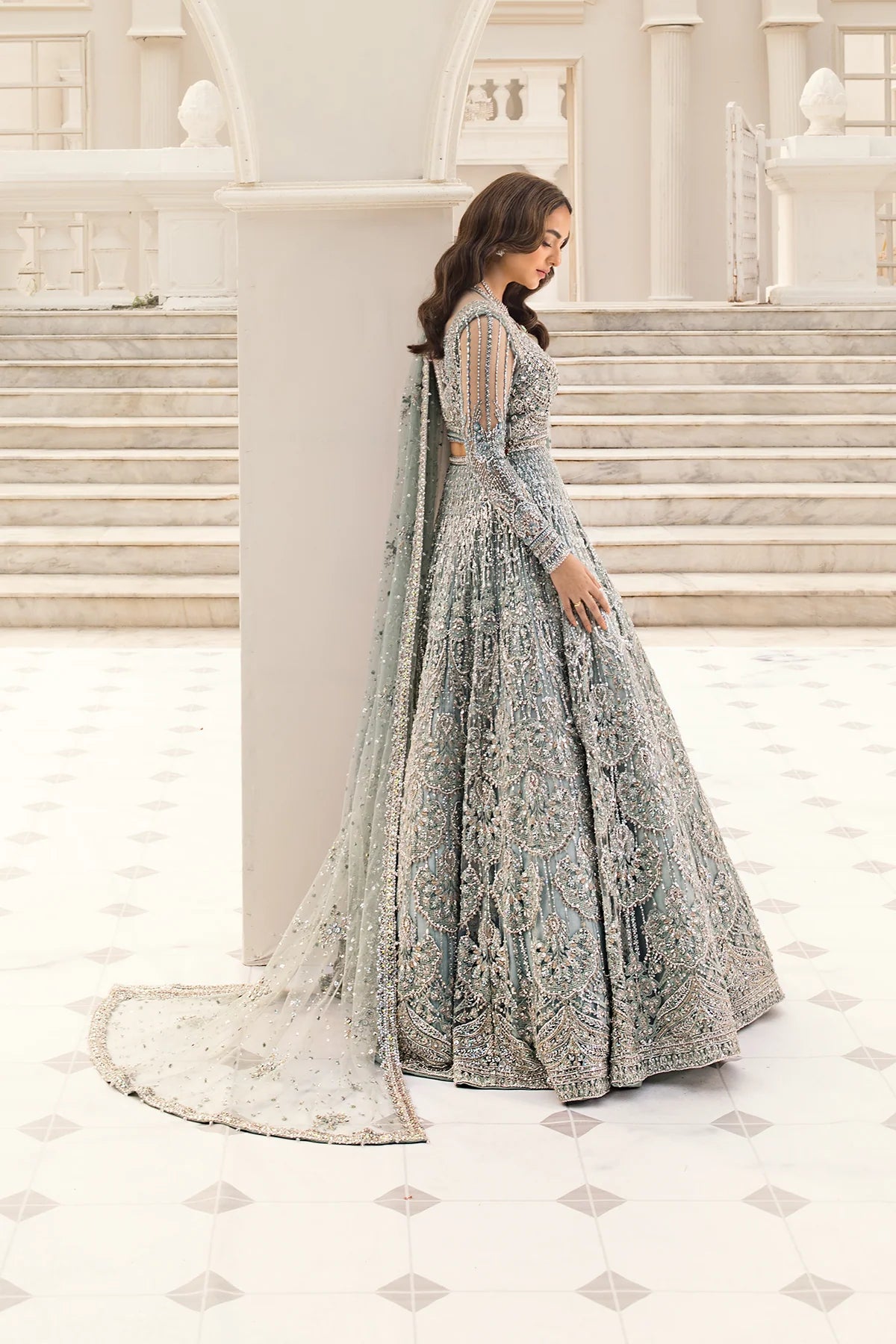 Erum Khan Minty Breeze mint green Pakistani wedding maxi with embellished dupatta