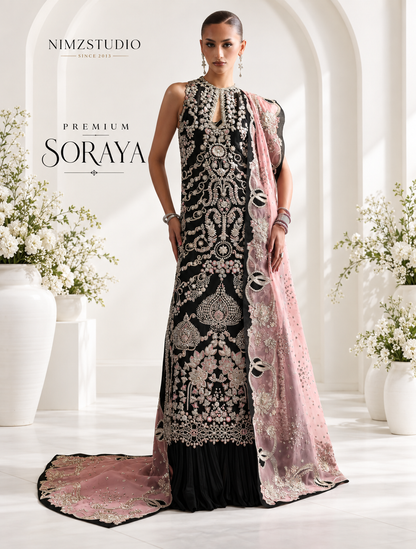Black organza Pakistani wedding dress with Kora Dabka pearl and jewel hand embellishments