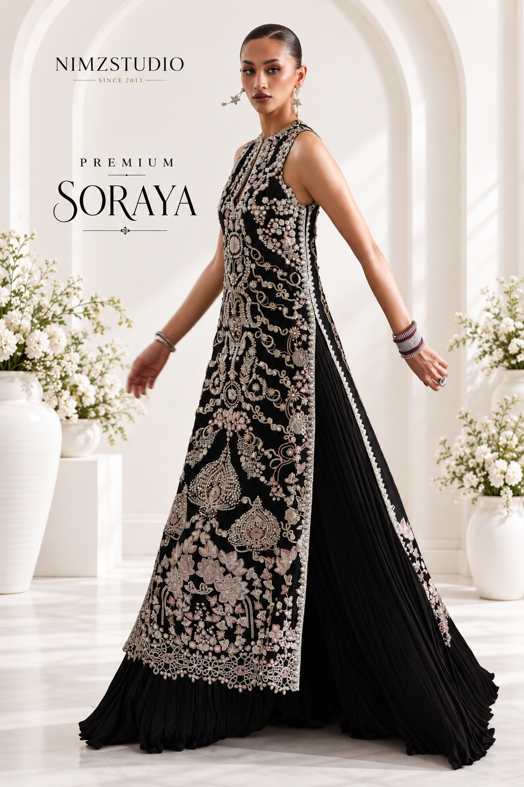 Luxury Pakistani partywear dress in black organza with handcrafted Kora Dabka work