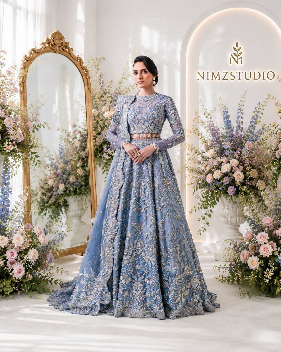 NYRA AARZU luxury bridal maxi with embellished veil, intricate embroidery and premium Pakistani designer inspired wedding outfit.