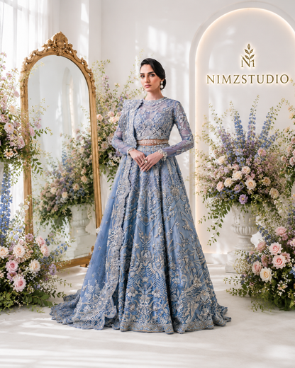 NYRA AARZU luxury bridal maxi with embellished veil, intricate embroidery and premium Pakistani designer inspired wedding outfit.