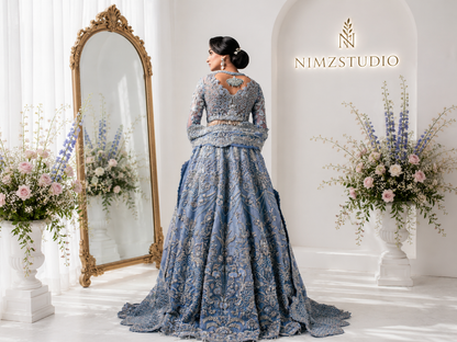 Back view of NYRA AARZU luxury bridal maxi with embellished veil, intricate embroidery and premium Pakistani designer inspired wedding outfit.