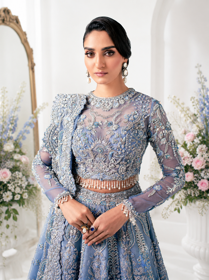 Close-up of NYRA AARZU bridal maxi highlighting luxury hand embroidery, crystal embellishments and premium Pakistani bridal fashion.