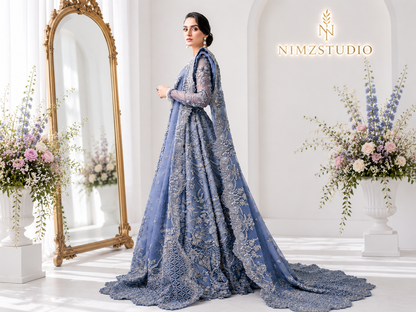 Side view of NYRA AARZU luxury embroidered ice blue bridal maxi featuring handcrafted embellishments and elegant Pakistani wedding couture.