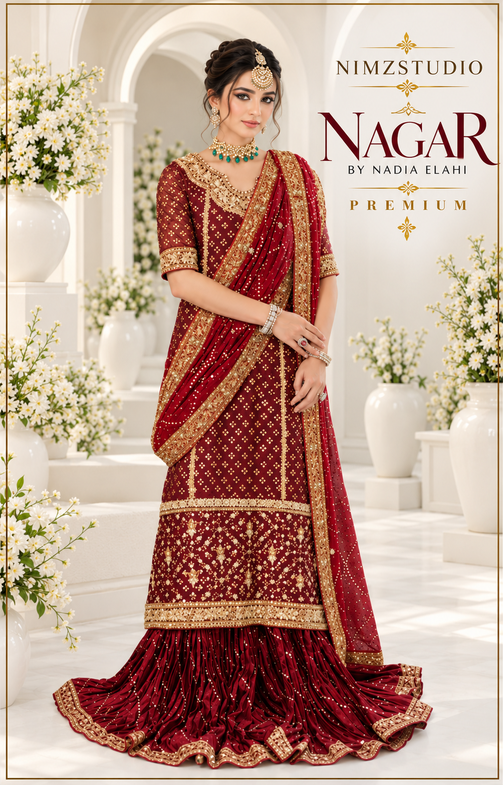 Nagar by Nadia Elahi emerald green pure organza Pakistani wedding dress with crushed trouser and maroon chiffon dupatta
