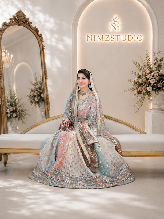 Nomi Ansari inspired Maryam Nawaz pastel wedding outfit with luxury embroidery and organza dupatta