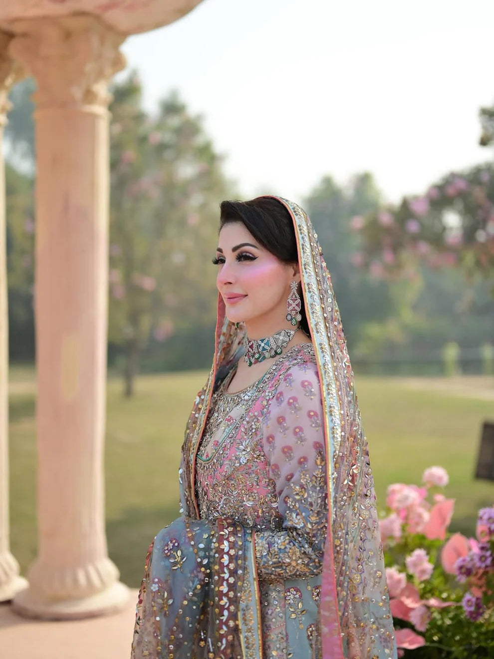 Luxury pastel bridal dress with handcrafted embroidery and organza dupatta