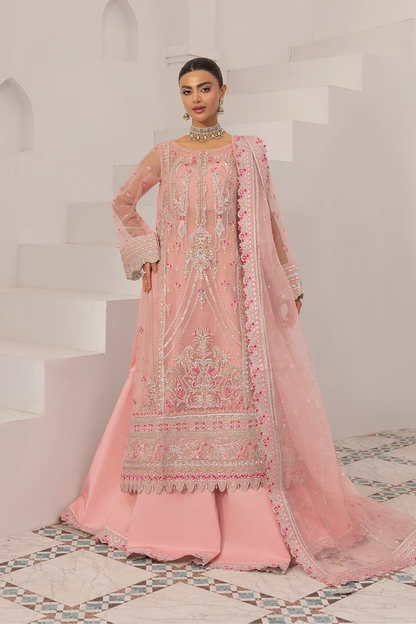 Prisa powder pink Pakistani sharara dress with embroidered organza long shirt